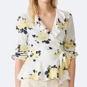 Ganni yellow floral silvery crepe wrap blouse